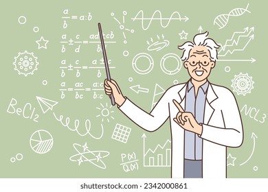 Crazy-Wissenschaftler verweist auf Formulierungen, die auf Tafel geschrieben sind, und lehrt Kinder aus der Schulmathematik. Crazy Lehrer mit glattem Haar ist in weißem Mantel gekleidet und erklärt den Schülern Problemlösung