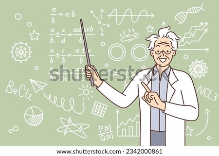 Crazy scientist points to formulas written on blackboard and teaches children from school math. Crazy teacher with shaggy hair is dressed in white coat and explains solution to problem to students