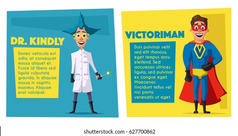 Crazy scientist and superhero victory. Funny characters. Cartoon vector illustration. Mad professor. Science experiment. Good man. Person in cloak. Justice and help. For banners and posters