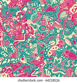 crazy seamless doodle pattern. Fits perfectly, very cool hand-drawn image,  colors in CMYK