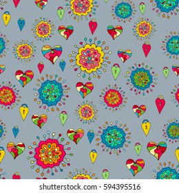 Crazy seamless hand drawn vector pattern. Bright summer colours, modern hearts, flowers. Boho fashion style for prints, batik, silk textile, cushion, pillow, bandanna, kerchief. Kid's style
