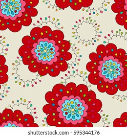 Crazy seamless hand drawn vector pattern. Bright summer colours, modern poppy flowers. Boho fashion style for prints, batik, silk textile, cushion pillow, bandanna, kerchief. Kid style