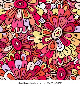 Crazy seamless hand drawn vector pattern. Bright summer colours, modern flowers. Boho fashion style for prints, batik, silk textile, cushion pillow, bandanna, kerchief. Kid style