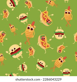 Crazy seamless pattern classic hot dog, french hot dog and hamburger dancing in cartoon style. Funny fast food character design for textile, packaging, wallpaper.