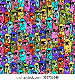 Crazy seamless pattern of cute cartoon aliens.