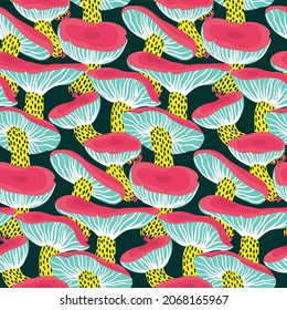 Crazy seamless pattern with mushrooms. Bright modern print with psychedelic fungus on a dark background. Seamless background with a funny sketch of mushrooms. Vector illustration.