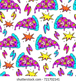 Crazy seamless pattern with patches, stickers, badges, pins with pizza slices, lightning strikes, and colorful explosions. White background.
