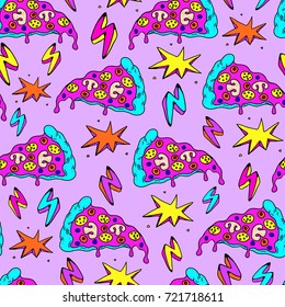 Crazy seamless pattern with patches, stickers, badges, pins with pizza slices, lightning strikes, and colorful explosions. Violet background.