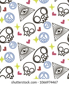 crazy seamless pattern of skulls and a triangle with an eye.