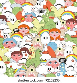 Crazy seamless pattern with strange creatures. Funny vector texture.