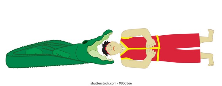 Crazy showmen Into Crocodile's Mouth. Vector