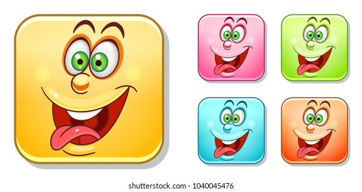 Crazy and silly Emoji. Emoticons collection. Colorful smiley set. Avatar symbol, internet message or chat icon, sign for web mobile app, logo, label, patch, sticker.
