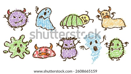 Crazy silly scary monster set. Like kids hand drawn cartoon character childlike art. Crayon or pencil chalk vector caterpillar slime, ghost, goblin, troll, yeti, alien. Fantastic funny horrible doodle