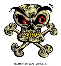 Crazy Skull. Skull With Angry Look, Red Eyes, Yellow Teeth And Crossbones. Pirate Icon Illustration.