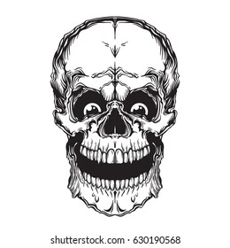 Crazy Skull With Big Eyes. Vector Illustration Isolated On White Background.