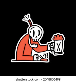 Crazy skull holding glass of beer illustration. Vector graphics for t-shirt prints and other uses.