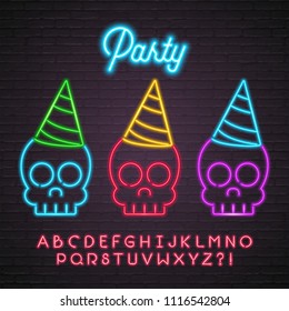 Crazy Skull Icon with Party Hat Neon Light Glowing Vector Illustration Bright with Alphabet Neon Light