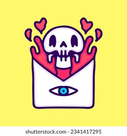 Crazy skull inside envelope, illustration for t-shirt, sticker, or apparel merchandise. With doodle, retro, and cartoon style.