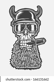 crazy skull motorcycle glasses, helmet with horns and a cigar in his mouth. biker symbol. engraving style. vector illustration. 