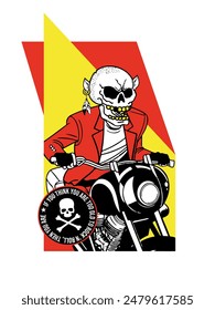 Crazy skull riding an old motorcycle. Rock and roll vector. Rock trends vector