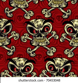 Crazy skulls seamless pattern. Skulls with angry look, red eyes, yellow teeth and crossbones. Vector background. Layered, easy to edit.