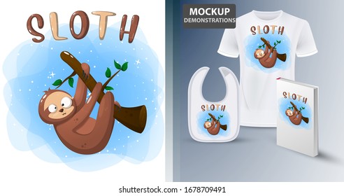 Crazy sloth climbing on a branch with leafs illustration and merchandise