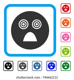 Crazy Smiley icon. Flat grey pictogram symbol inside a blue rounded frame. Black, gray, green, blue, red, orange color additional versions of Crazy Smiley vector. Designed for web and app UI.
