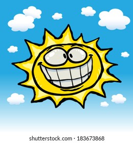 Crazy smiling cartoon sun on blue sky background