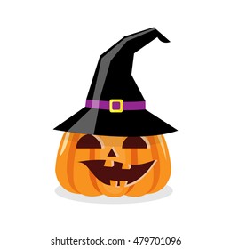 Crazy smiling Halloween pumpkin with a black hat. Cartoon character isolated on white background. Vector illustration.