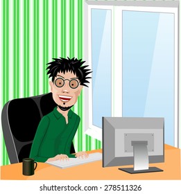 crazy smiling programmer with glasses and wild hair sitting in computer chair working with computer at home in living room