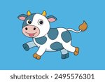 "Crazy Smiling and Running Cartoon Cow Vector Artwork" is a vibrant and playful vector graphic featuring a joyful cow in motion, perfect for adding a whimsical touch to any design project