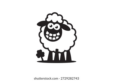 Silueta de personaje de dibujos animados de oveja sonriente loca - Oveja feliz con gráfico de Vector de trébol de cuatro hojas
