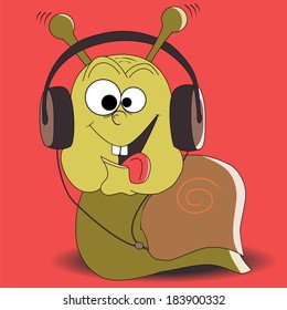 Crazy snail with headphones on a red background. Illustration of snail-music lover with headphones isolated on a white background. 