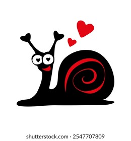 Caracol loco enamorado de un par de corazones rojos. Caricatura emocional de color negro y rojo con grandes ojos en estilo doodle. Como pegatina o letrero para el Día de San Valentín