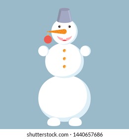 The crazy snowman with the bucket on its head and with red Christmas ball on his nose is on blue background.