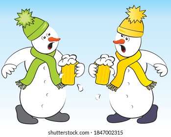crazy snowmen and beer, humorous vector illustration