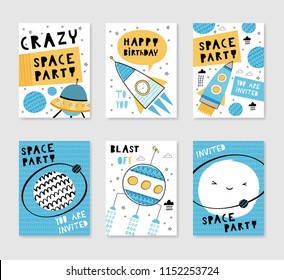 Crazy space party. Set of card templates. Hand drawn graphic for typography poster, card, label, brochure, flyer, page, banner, baby wear, nursery. Vector illustration in blue and yellow. 