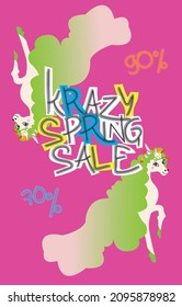 Crazy Spring Sale. Los unicornios están bailando. Cartel de venta de primavera, afiche de venta, descuentos. Sale Flyer. Fondo de la plantilla de afiches. Fondo brillante. Graffiti. Estilo irregular.