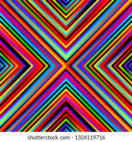 Crazy squares - bright geometric pattern with bold neon rainbow iridescent colors. Multicolor lines. Abstract geometric background.