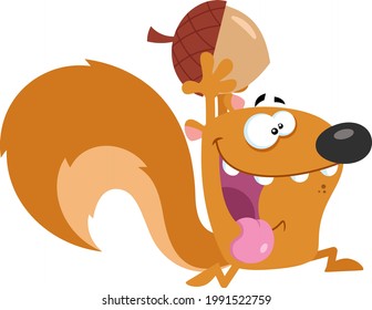 Crazy Squirrel Cartoon Character Running With Acorn. Vector Flat Design Illustration Isolated On Transparent Background