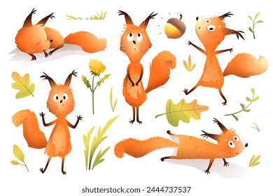 Crazy squirrel divertido personaje mascota poses para niños libro de ilustración. Animación de acción animal lúdica para una historia de cuento de hadas. Diseño de personaje dibujado a mano de Vector para niños en estilo acuarela.