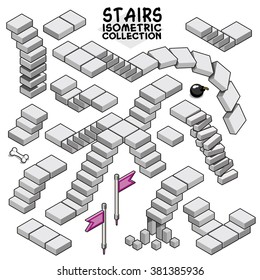 Crazy stairs, staircase elements, collection of steps. Isometric vector set