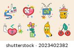 Crazy sticker vector set. Abstract comic character with big angry eye in trendy hand drawn style. Cute elements of TV, banana, coffee cup, cherries, broken heart for social net in bright colors. 