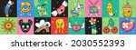 Crazy sticker vector set. Abstract comic character with big angry eye in trendy hand drawn style. Cute funny faces of TV, banana, coffee cup, cherries, broken heart for social net in bright colors. 