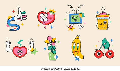 Crazy sticker vector set. Abstract comic character with big angry eye in trendy hand drawn style. Cute elements of TV, banana, coffee cup, cherries, broken heart for social net in bright colors. 