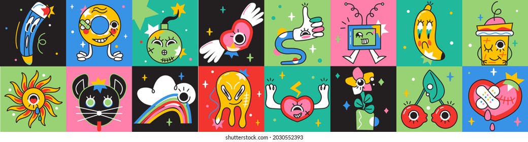 Crazy sticker vector set. Abstract comic character with big angry eye in trendy hand drawn style. Cute funny faces of TV, banana, coffee cup, cherries, broken heart for social net in bright colors. 