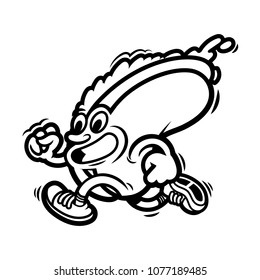 Crazy street food cartoon character American line hot-dog which fast run. Dressed up fashionable sneakers. Modern vector illustration mascot logo for kids coloring flat design.
