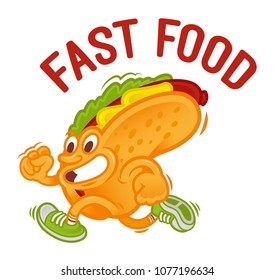 Crazy street food cartoon character American classical hot-dog which fast run. Dressed up fashionable sneakers. Modern vector illustration mascot logo with text flat design.