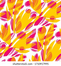 Flores abstractas rosadas y amarillas de verano que se pueden inclinar. Válvulas naturales de diseño transparente para el fondo, tela, textil, envoltura, superficie, web y diseño de impresión. Vector floral simbólico moderno de moda