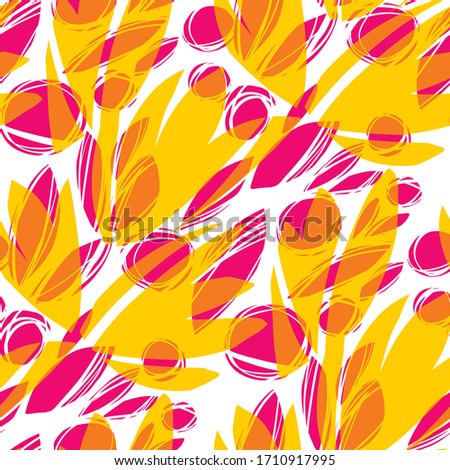 Crazy summer pink and yellow abstract flowers tilable rapport. Natural vibes seamless pattern for background, fabric, textile, wrap, surface, web and print design. Modern trendy symbolic floral vector